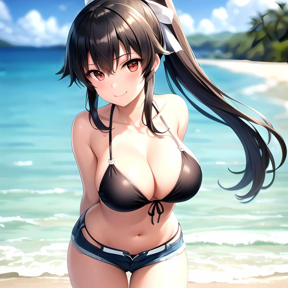 1girl Arms Behind Back Beach Bikini Bikini Under Shorts Black Bikini Black Hair Blurry Blurry Background Breasts Cleavage Closed, 952884857 - AIHentai - #main