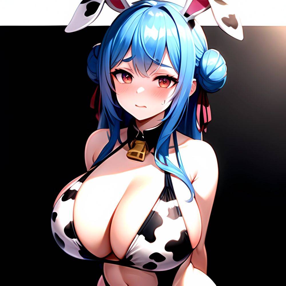 1girl Alternate Breast Size Animal Ear Fluff Animal Ears Animal Print Blue Hair Blush Breasts Cleavage Cutout Clothing Cutout Co, 3547794129 - AIHentai - #main