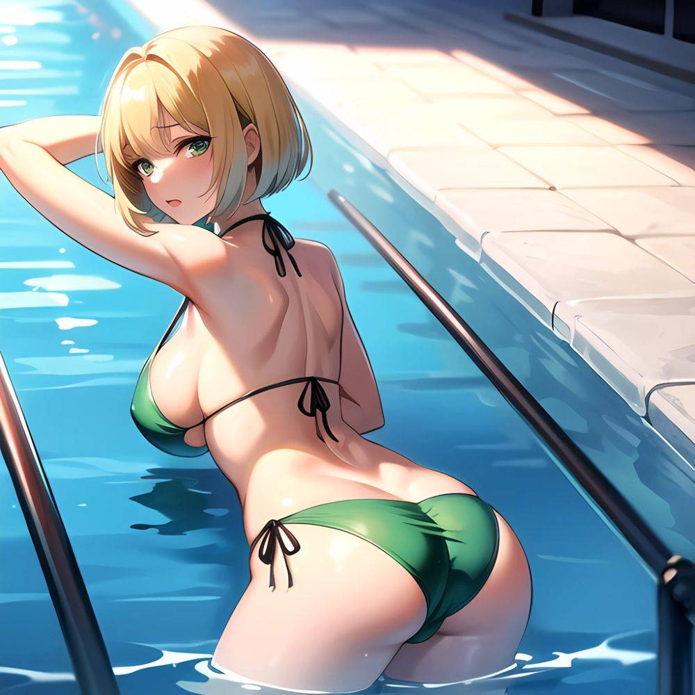 1girl Armpits Arms Game Ass Bikini Blonde Hair Bob Cut Bracelet Breasts Butt Crack Covered Erect Nipples Green Bikini Green, 1553773597 - AIHentai - #main