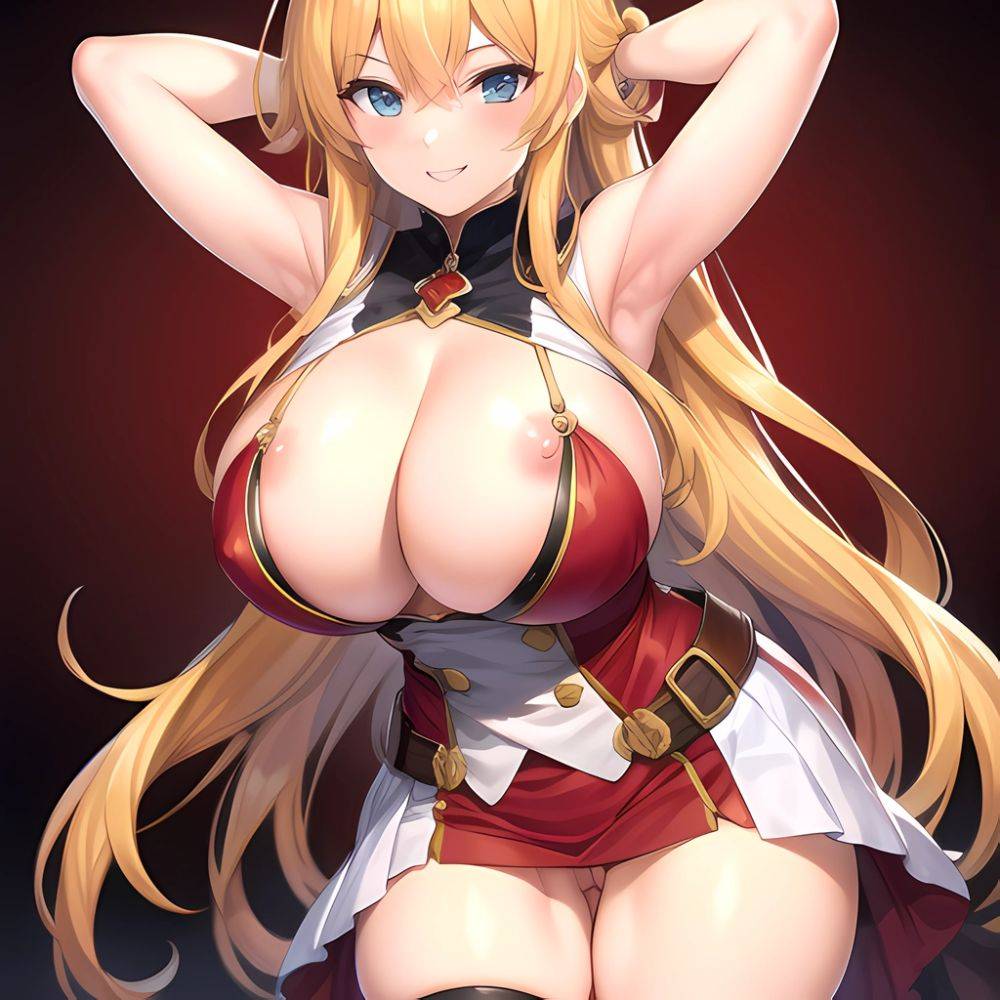 1girl Blonde Hair Breasts Cleavage Grenadier Manga Haganef Huge Breasts Long Hair Nipples Pussy Smile Tendou Rushuna Arms Behind, 3976779420 - AIHentai - #main