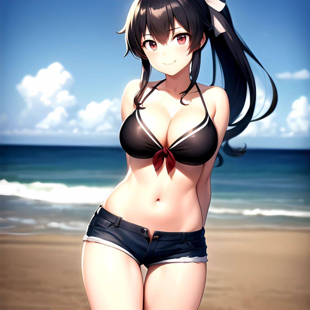 1girl Arms Behind Back Beach Bikini Bikini Under Shorts Black Bikini Black Hair Blurry Blurry Background Breasts Cleavage Closed, 207140716 - AIHentai - #main