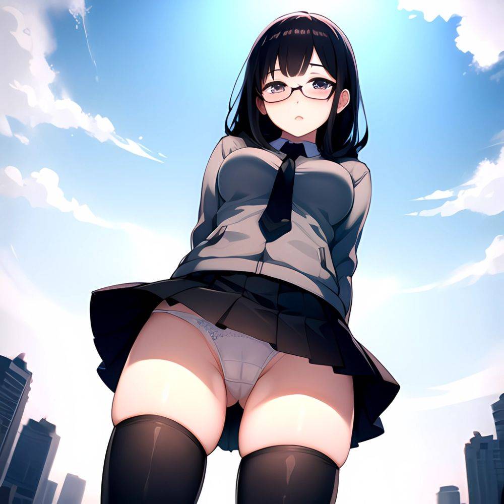 1girl Black Hair Black Necktie Black Thighhighs Breasts Cameltoe From Below Glasses Grey Eyes Grey Hoodie Highres Hood Hoodie Me, 1937449585 - AIHentai - #main