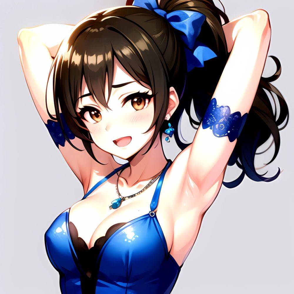 1girl Absurdres Armpits Arms Up Ayase Honoka Black Gloves Blue Bow Blue Dress Blush Bow Breasts Brown Eyes Brown Hair, 119427910 - AIHentai - #main