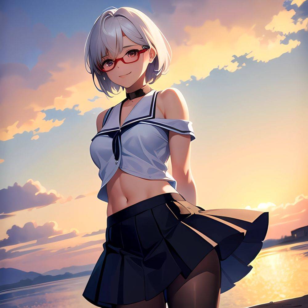 1girl Aircraft Bird Breasts Cloud Cloudy Sky Cowboy Shot Curtsey Dark Skinned Female Dark Skin Day Flashing Glasses Looking At, 4236078913 - AIHentai - #main