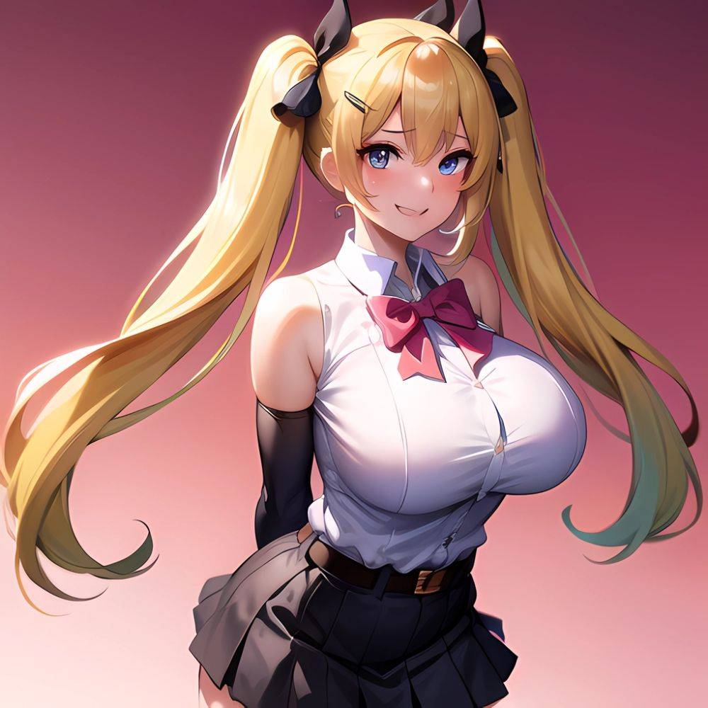 1girl Aymusk Belt Black Skirt Blonde Hair Blue Eyes Blush Bow Bowtie Breasts Curvy Elbow Gloves Fang Gloves Gradient Background, 527973340 - AIHentai - #main