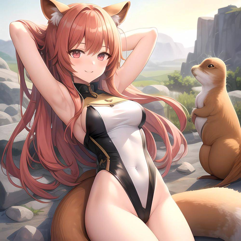 1girl Absurdres Animal Ear Fluff Animal Ears Arknights Arms Behind Head Chest Armor Covered Navel Gravel Arknights Highleg Highl, 1039455577 - AIHentai - #main