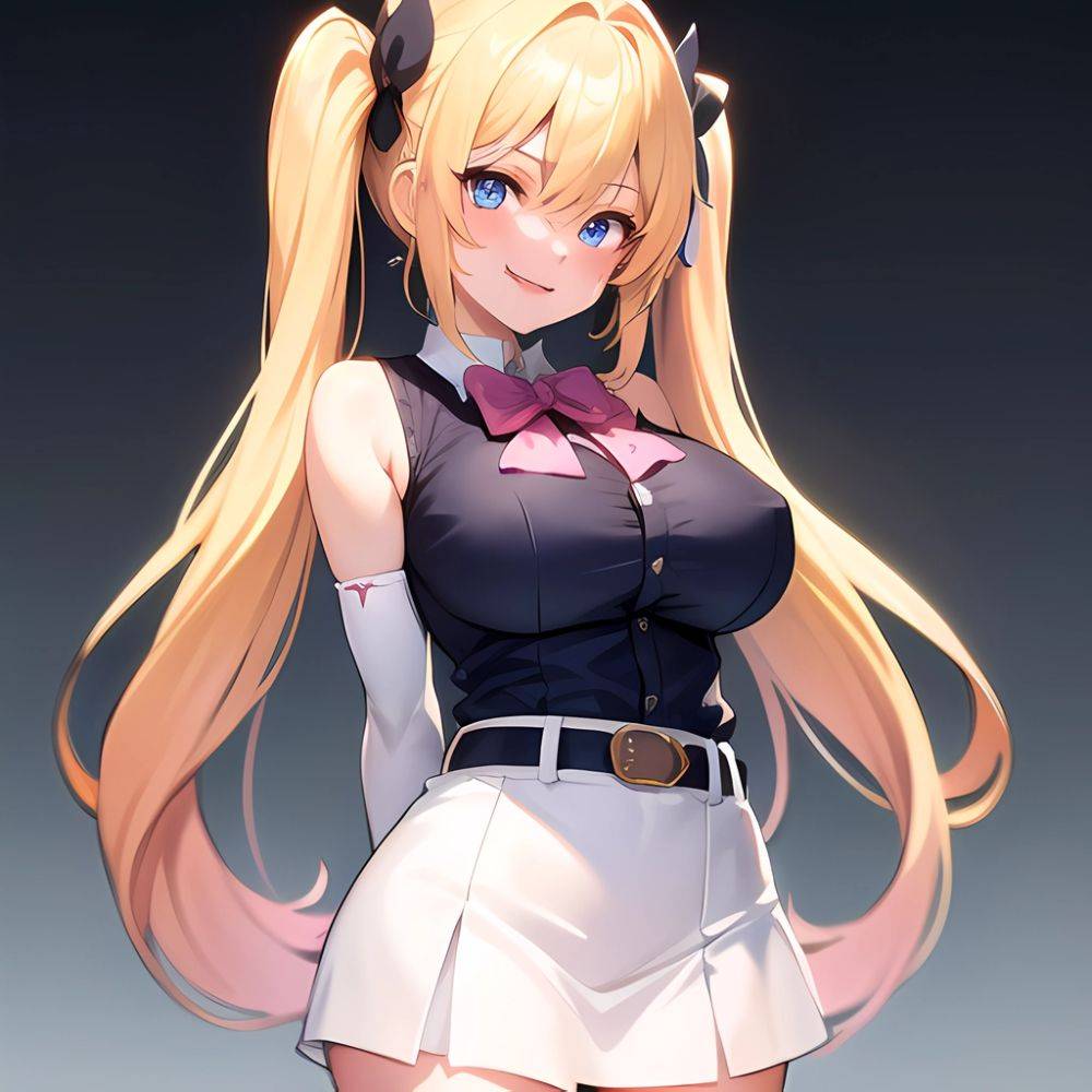 1girl Aymusk Belt White Skirt Blonde Hair Blue Eyes Blush Bow Bowtie Breasts Curvy Elbow Gloves Fang Gloves Gradient Background, 770070560 - AIHentai - #main