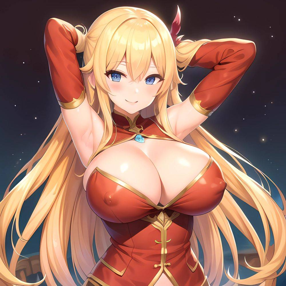 1girl Blonde Hair Breasts Cleavage Grenadier Manga Haganef Huge Breasts Long Hair Nipples Pussy Smile Tendou Rushuna Arms Behind, 1417574657 - AIHentai - #main