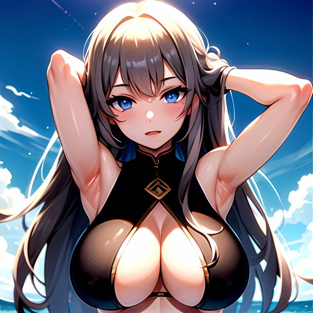 1girl Solo Big Boobs Pov Blue Eyes Armpits Arms Behind Head, 3898463560 - AIHentai - #main