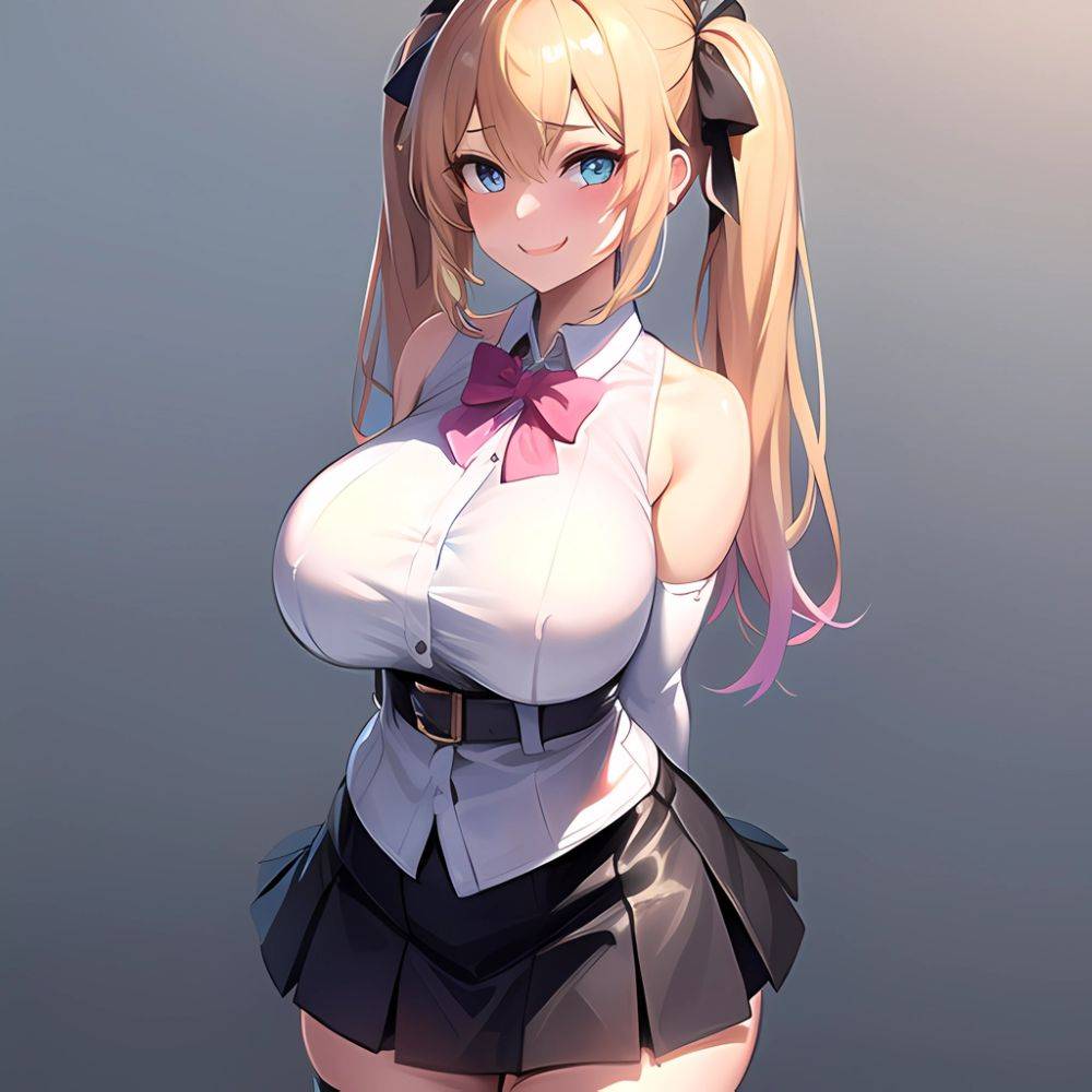 1girl Aymusk Belt Black Skirt Blonde Hair Blue Eyes Blush Bow Bowtie Breasts Curvy Elbow Gloves Fang Gloves Gradient Background, 2132478255 - AIHentai - #main