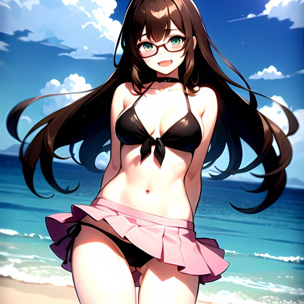 1girl D Bikini Bikini Bottom Aside Bikini Skirt Black Choker Blush Breasts Brown Hair Choker Cleavage Clothing Aside Front Tie, 4110095392 - AIHentai - #main