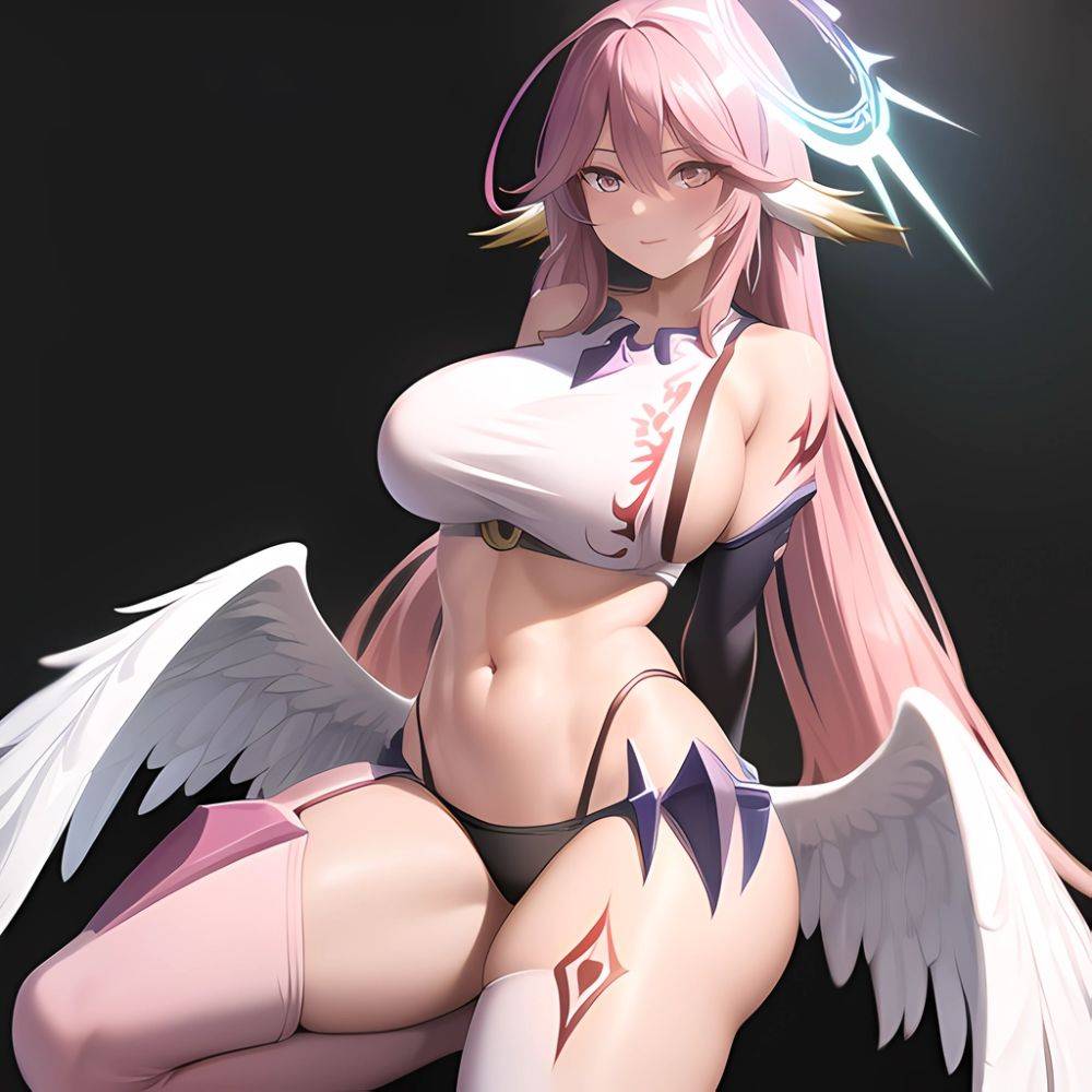 Jibril Anime Absurdres Long Hair Pink Hair Halo Large Breasts Tattoo Cleavage 1girl Sideboob Midriff Asymmetrical Legwear Mismat, 3921374920 - AIHentai - #main