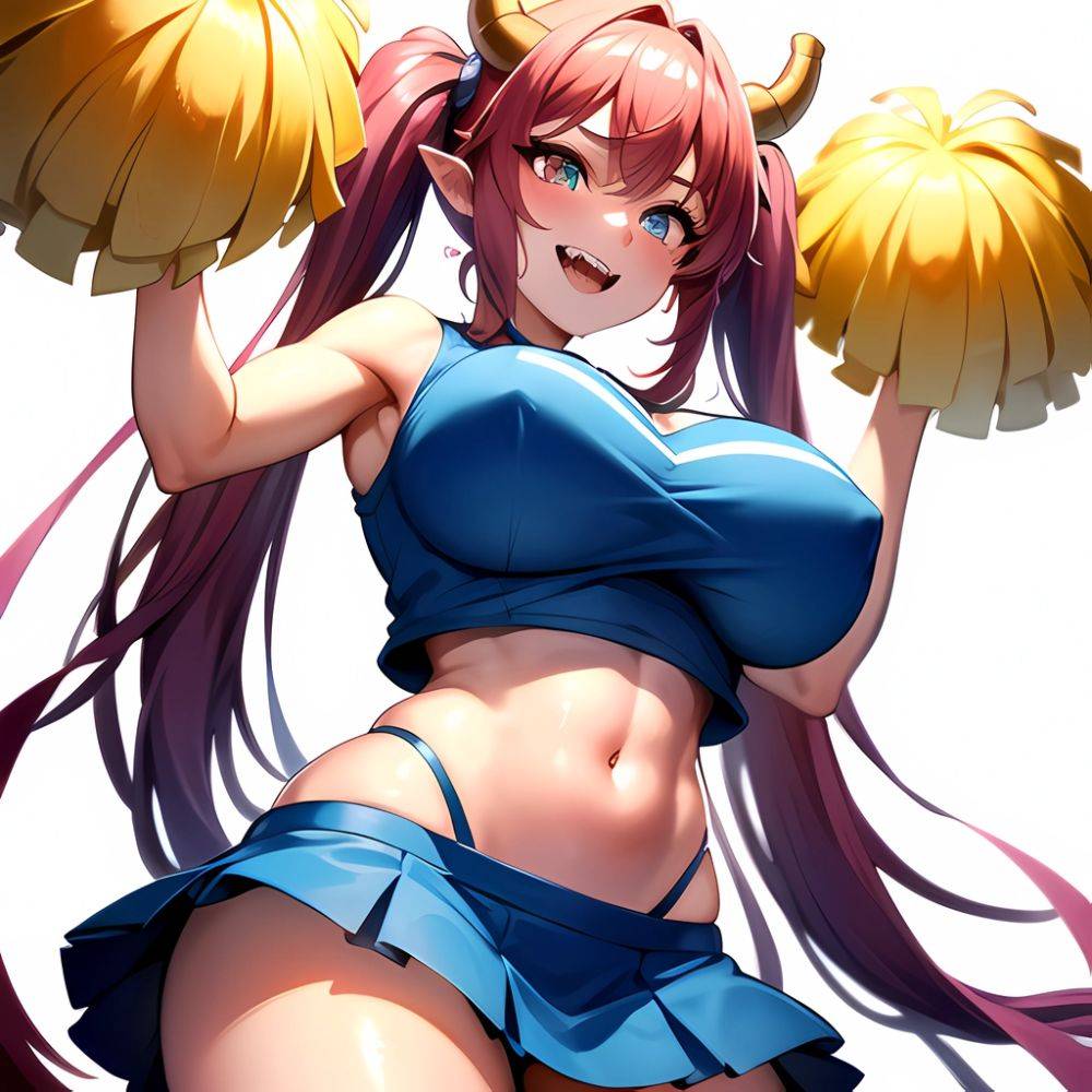 1girl Absurdres Blue Skirt Bluefrok Breasts Cheerleader Dragon Girl Dragon Horns Highres Holding Holding Pom Poms Horns Huge Bre, 3867233701 - AIHentai - #main