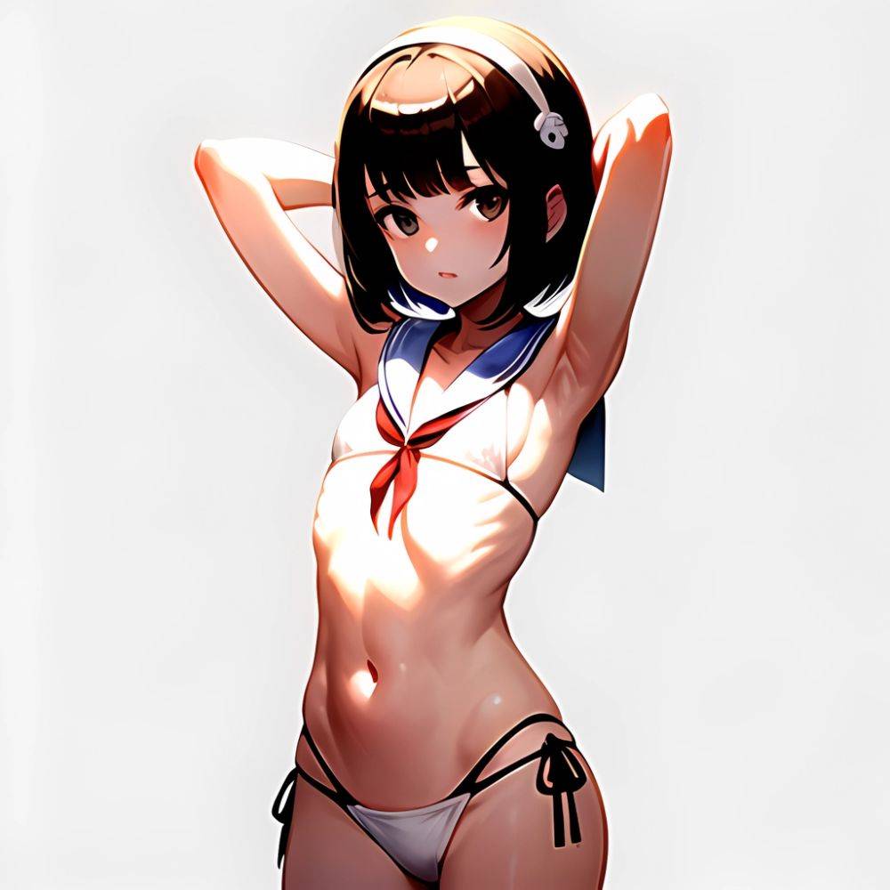 1girl Arms Up Arms Behind Head Bikini Bob Cut Brown Eyes Brown Hair Cosplay Cowboy Shot Flat Chest Headgear Inverted, 2876619980 - AIHentai - #main