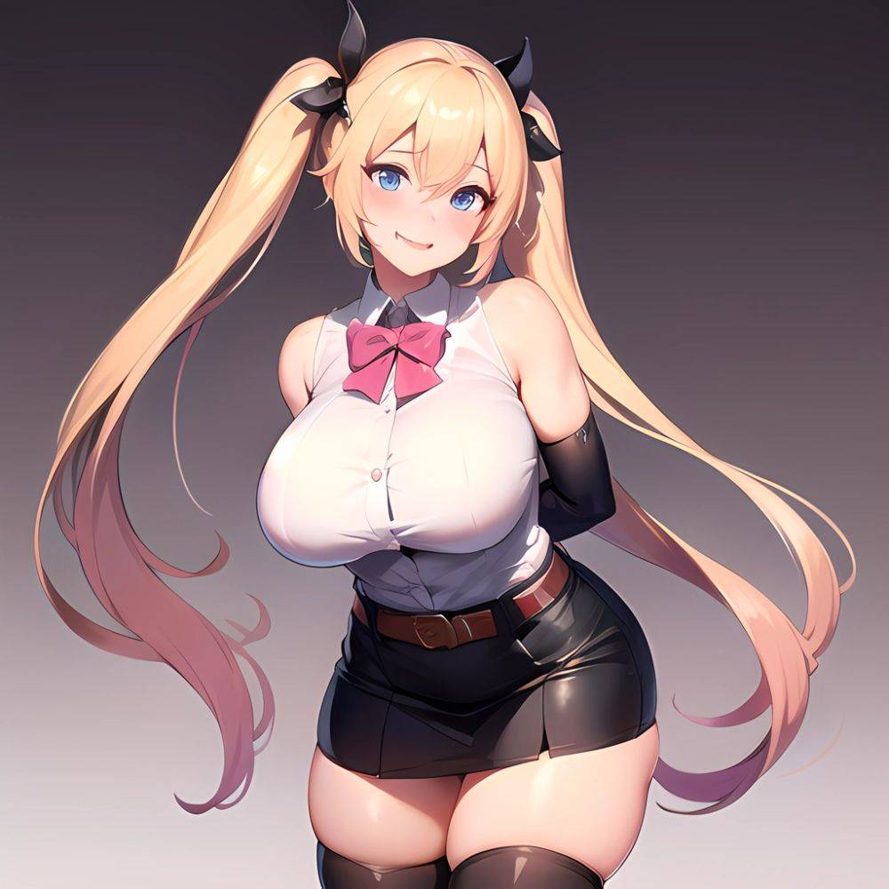 1girl Aymusk Belt Black Skirt Blonde Hair Blue Eyes Blush Bow Bowtie Breasts Curvy Elbow Gloves Fang Gloves Gradient Background, 3944294932 - AIHentai - #main