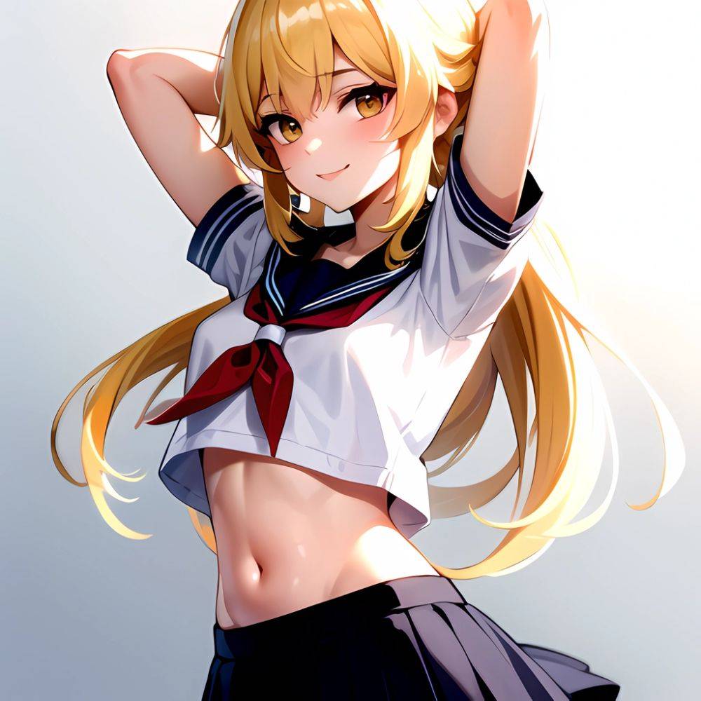 1girl Arms Up Arms Behind Head Blonde Hair Blue Skirt Bow Crop Top Crop Top Overhang Genshin Impact Gradient Background, 1018377141 - AIHentai - #main