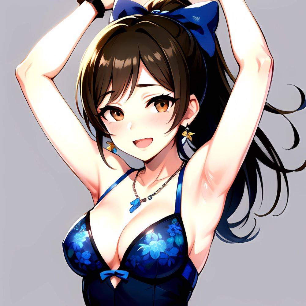 1girl Absurdres Armpits Arms Up Ayase Honoka Black Gloves Blue Bow Blue Dress Blush Bow Breasts Brown Eyes Brown Hair, 3569381727 - AIHentai - #main