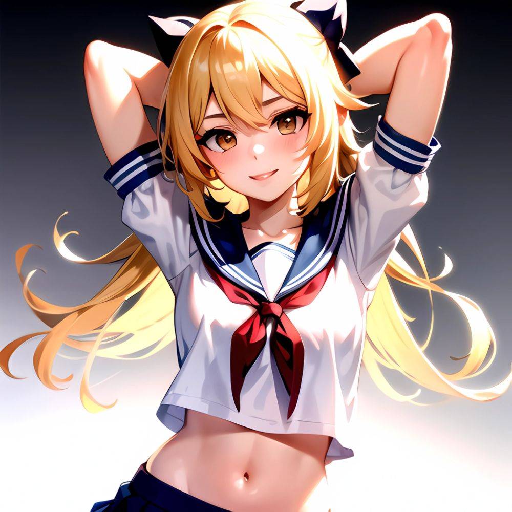 1girl Arms Up Arms Behind Head Blonde Hair Blue Skirt Bow Crop Top Crop Top Overhang Genshin Impact Gradient Background, 2054834750 - AIHentai - #main