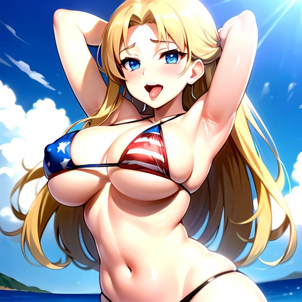 1girl American Flag Bikini Armpits Arms Behind Head Bikini Blonde Hair Blue Eyes Blush Breasts Covered Erect Nipples Flag Print, 1910329292 - AIHentai - #main