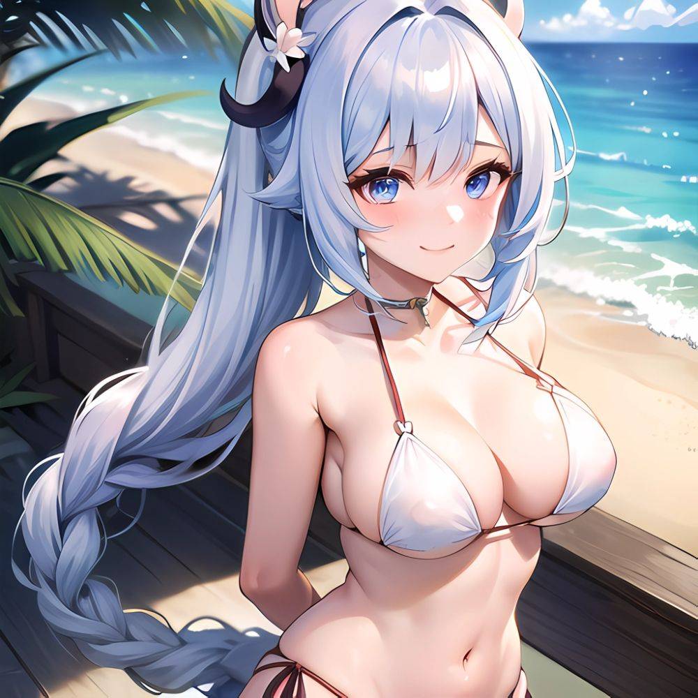 1girl Absurdres Bare Shoulders Beach Bikini Blue Eyes Blue Sky Blush Braid Braided Ponytail Breasts Cleavage Collarbone Genshin, 803549097 - AIHentai - #main