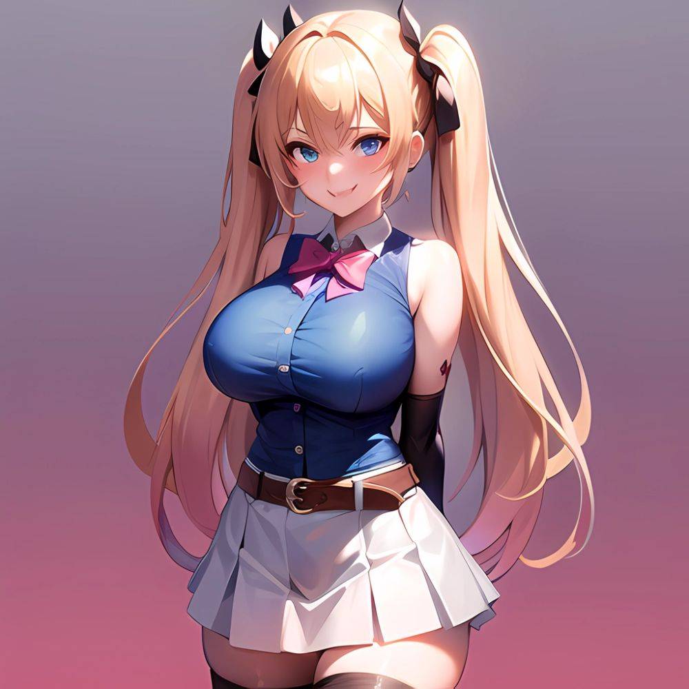 1girl Aymusk Belt White Skirt Blonde Hair Blue Eyes Blush Bow Bowtie Breasts Curvy Elbow Gloves Fang Gloves Gradient Background, 2309726073 - AIHentai - #main