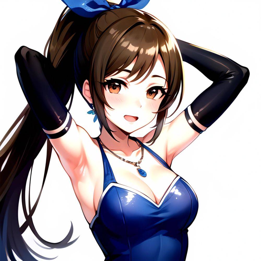 1girl Absurdres Armpits Arms Up Ayase Honoka Black Gloves Blue Bow Blue Dress Blush Bow Breasts Brown Eyes Brown Hair, 3950104654 - AIHentai - #main