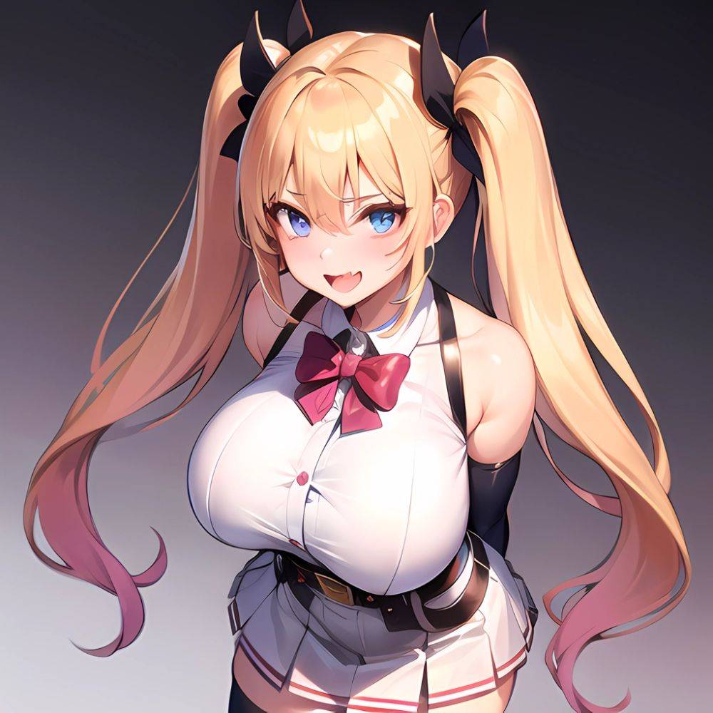 1girl Aymusk Belt White Skirt Blonde Hair Blue Eyes Blush Bow Bowtie Breasts Curvy Elbow Gloves Fang Gloves Gradient Background, 2449024842 - AIHentai - #main