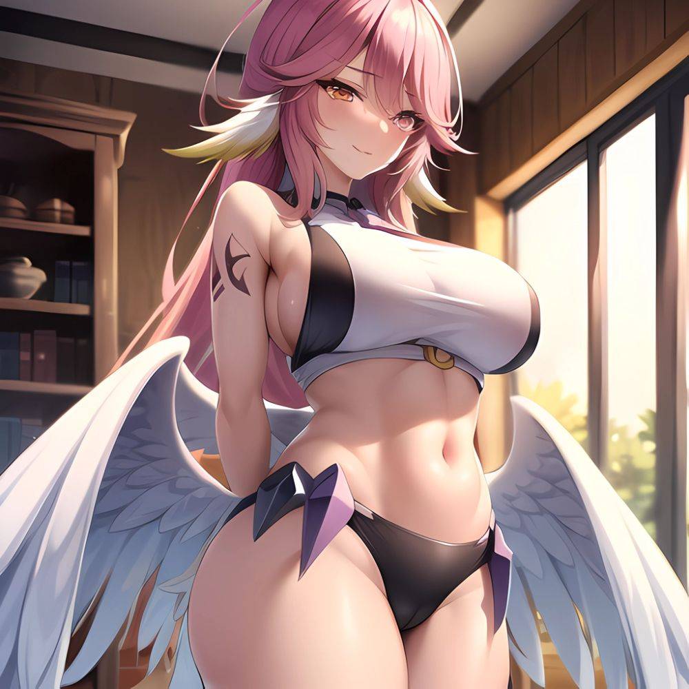 Jibril Anime Absurdres Long Hair Pink Hair Halo Large Breasts Tattoo Cleavage Sideboob Midriff Asymmetrical Legwear Mismatched L, 975874152 - AIHentai - #main