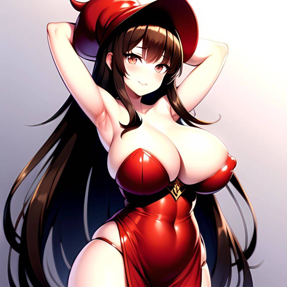 1girl Absurdres Bare Shoulders Black Headwear Breasts Breasts Out Brown Eyes Brown Hair Cleavage Dragon 039 S Crown Dress Highre, 1168752574 - AIHentai - #main