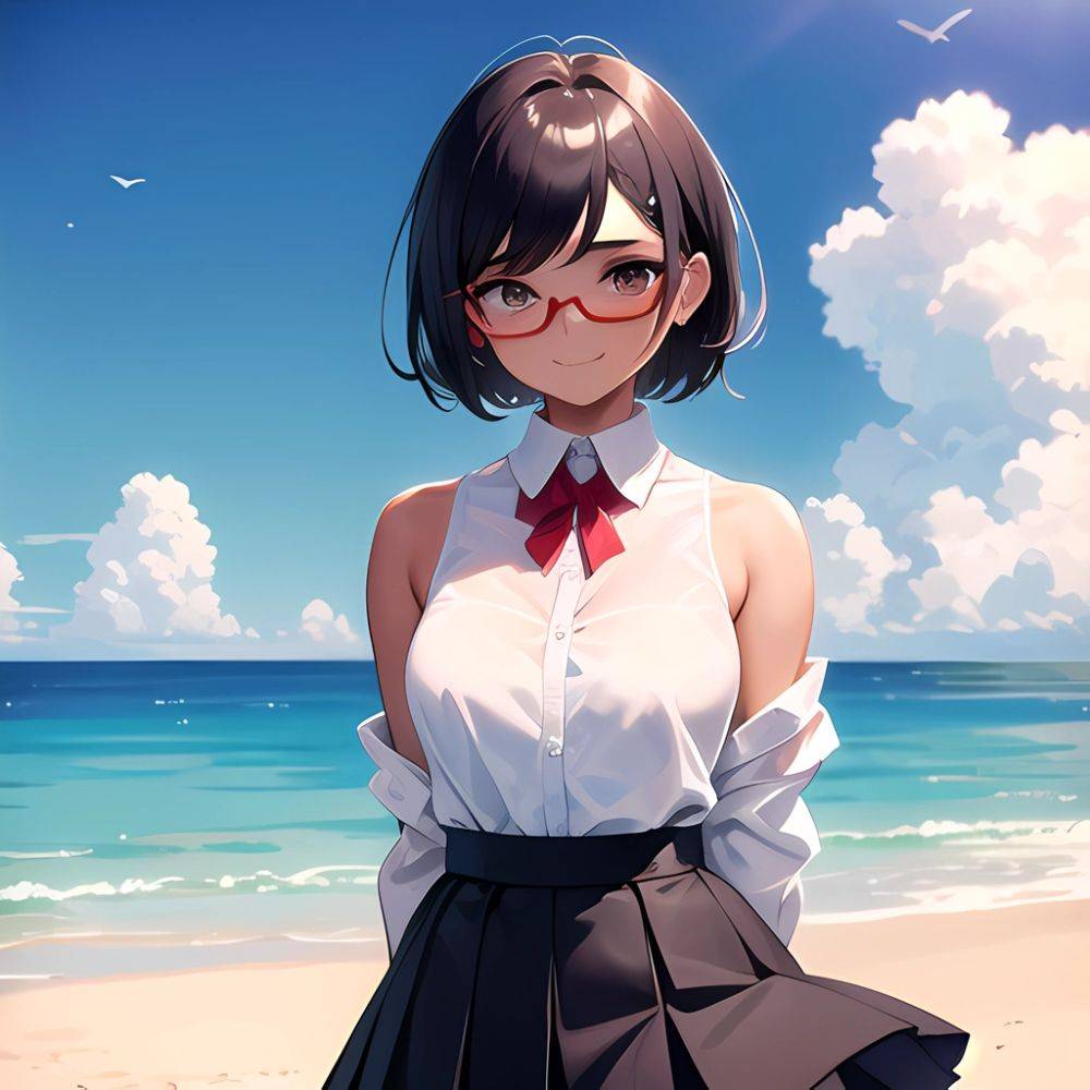 1girl Aircraft Bird Breasts Cloud Cloudy Sky Cowboy Shot Curtsey Dark Skinned Female Dark Skin Day Flashing Glasses Looking At, 4070349367 - AIHentai - #main