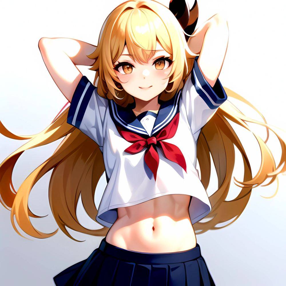 1girl Arms Up Arms Behind Head Blonde Hair Blue Skirt Bow Crop Top Crop Top Overhang Genshin Impact Gradient Background, 1364333214 - AIHentai - #main