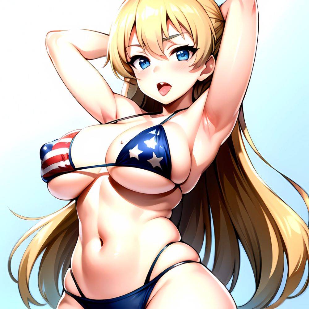 1girl American Flag Bikini Armpits Arms Behind Head Bikini Blonde Hair Blue Eyes Blush Breasts Covered Erect Nipples Flag Print, 2451256952 - AIHentai - #main