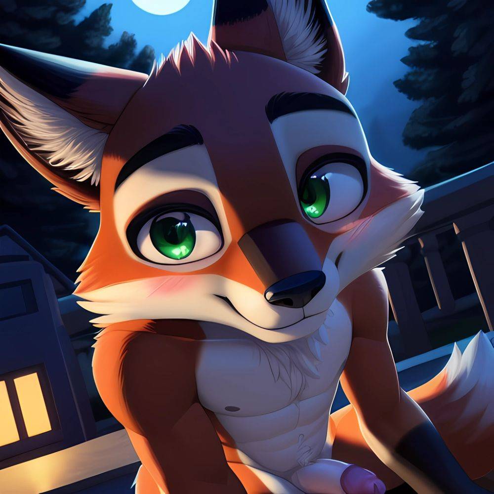 Solo Male Fox Anthro Zootopia Style Detailed Background Furry Slim Smiling Balls Sheath Soft Shading Nighttime Green Eyes 4k Hi, 702045278 - AIHentai - #main