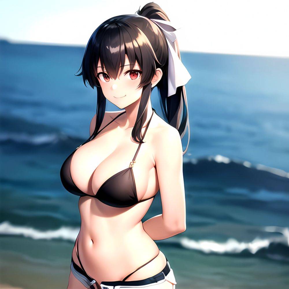 1girl Arms Behind Back Beach Bikini Bikini Under Shorts Black Bikini Black Hair Blurry Blurry Background Breasts Cleavage Closed, 2954344750 - AIHentai - #main