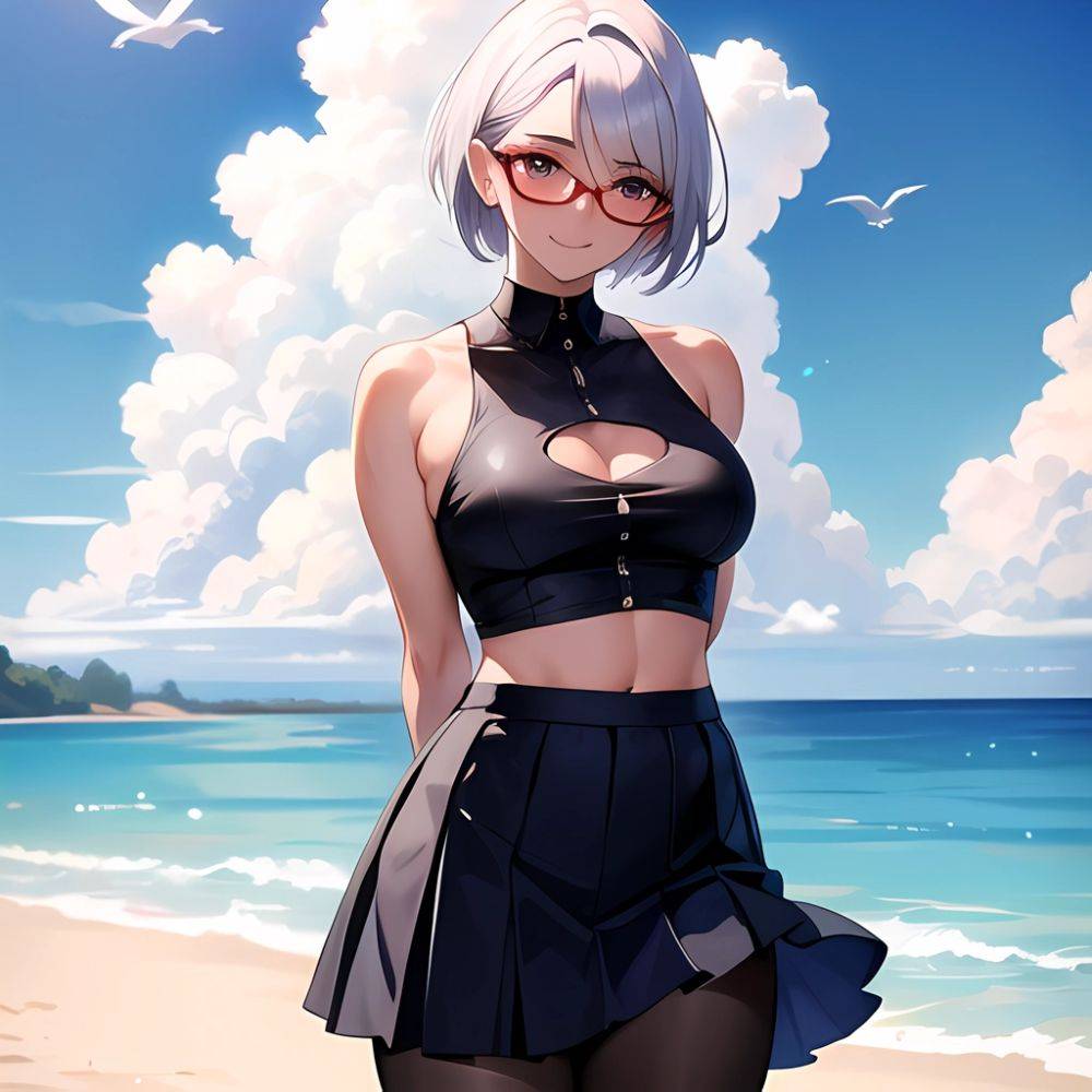 1girl Aircraft Bird Breasts Cloud Cloudy Sky Cowboy Shot Curtsey Dark Skinned Female Dark Skin Day Flashing Glasses Looking At, 3058736339 - AIHentai - #main