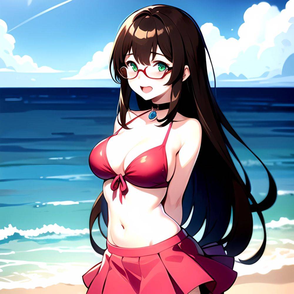 1girl D Bikini Bikini Bottom Aside Bikini Skirt Black Choker Blush Breasts Brown Hair Choker Cleavage Clothing Aside Front Tie, 887940747 - AIHentai - #main