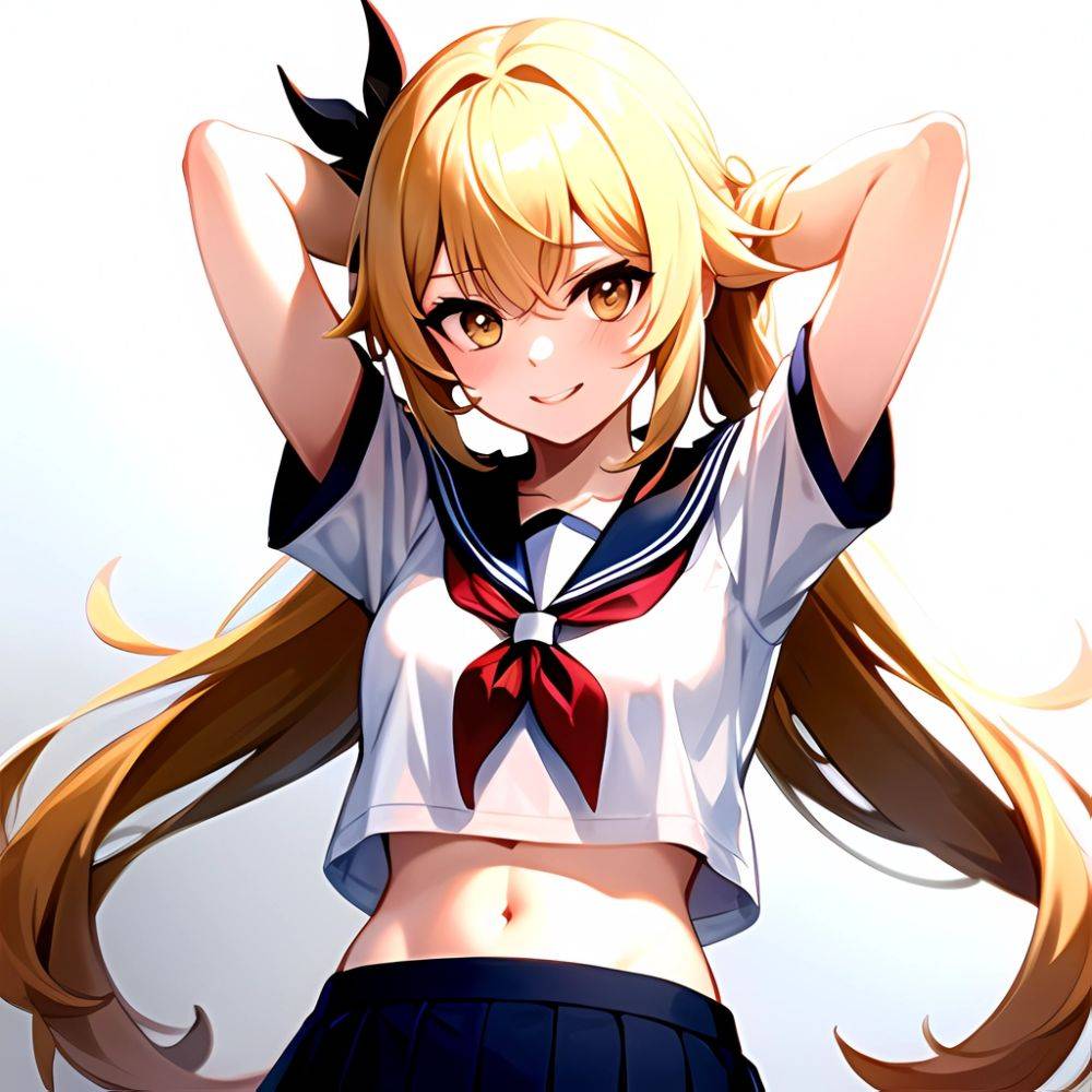 1girl Arms Up Arms Behind Head Blonde Hair Blue Skirt Bow Crop Top Crop Top Overhang Genshin Impact Gradient Background, 1240040376 - AIHentai - #main