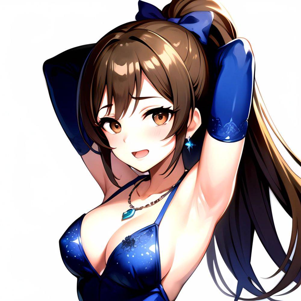 1girl Absurdres Armpits Arms Up Ayase Honoka Black Gloves Blue Bow Blue Dress Blush Bow Breasts Brown Eyes Brown Hair, 891262836 - AIHentai - #main