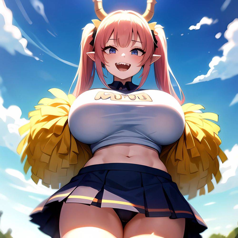 1girl Absurdres White Skirt Whitefrok Breasts Cheerleader Dragon Girl Dragon Horns Highres Holding Holding Pom Poms Horns Huge B, 3445507762 - AIHentai - #main