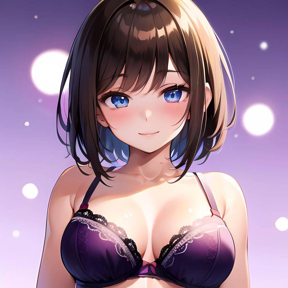 1girl Ai Generated Blue Eyes Blush Breasts Brown Hair Highres Large Breasts Light Smile Looking At Viewer Purple Background Shor, 412784870 - AIHentai - #main