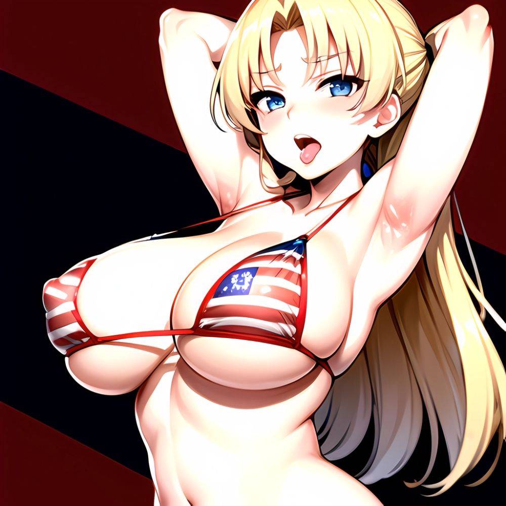 1girl American Flag Bikini Armpits Arms Behind Head Bikini Blonde Hair Blue Eyes Blush Breasts Covered Erect Nipples Flag Print, 2725733066 - AIHentai - #main