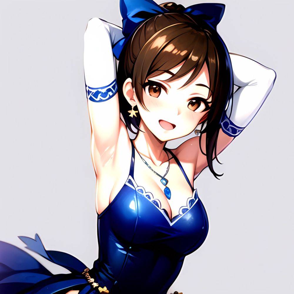 1girl Absurdres Armpits Arms Up Ayase Honoka Black Gloves Blue Bow Blue Dress Blush Bow Breasts Brown Eyes Brown Hair, 2911931279 - AIHentai - #main