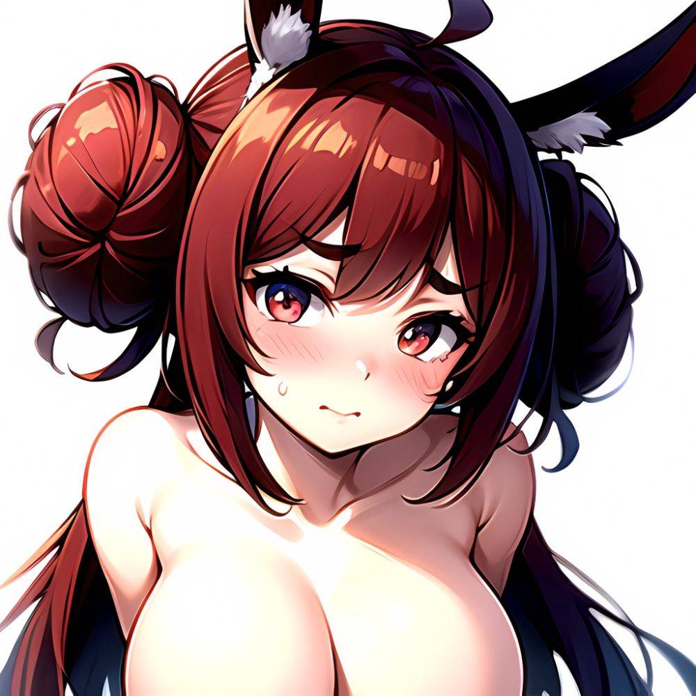 1girl Alternate Breast Size Animal Ear Fluff Animal Ears Red Hair Blush Breasts Double Bun Embarrassed Hair Bun Haro Art, 3778354489 - AIHentai - #main