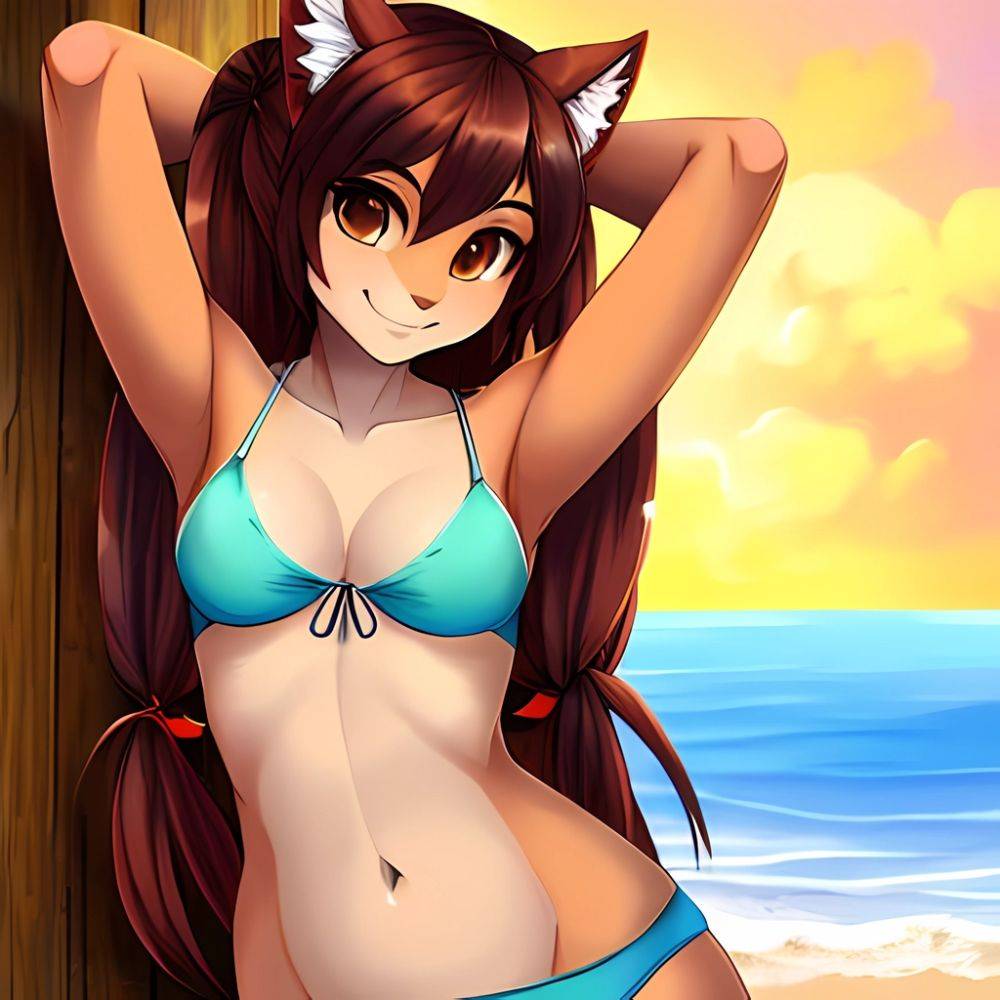 1girl Armpits Arms Behind Head Bikini Brown Eyes Brown Hair Cowboy Shot Dot Nose Flat Chest From Side Hair Ornament, 2479588633 - AIHentai - #main