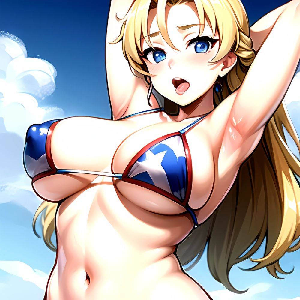 1girl American Flag Bikini Armpits Arms Behind Head Bikini Blonde Hair Blue Eyes Blush Breasts Covered Erect Nipples Flag Print, 2031975967 - AIHentai - #main