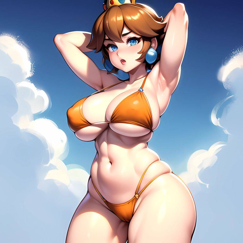 1girl Areola Slip Armpits Arms Behind Head Bikini Blue Eyes Blush Breasts Brown Hair Cleavage Huge Breasts Legs Mario Series, 2595899870 - AIHentai - #main