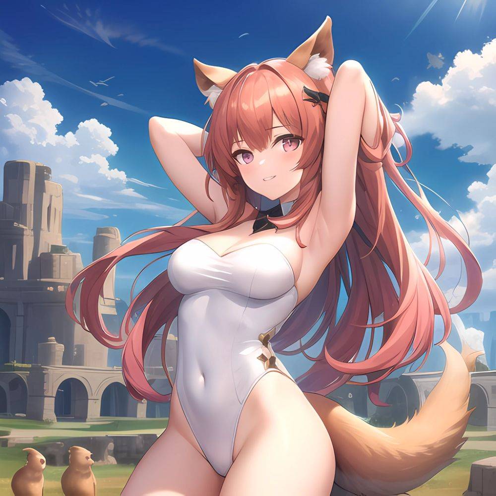 1girl Absurdres Animal Ear Fluff Animal Ears Arknights Arms Behind Head Chest Armor Covered Navel Gravel Arknights Highleg Highl, 348393763 - AIHentai - #main