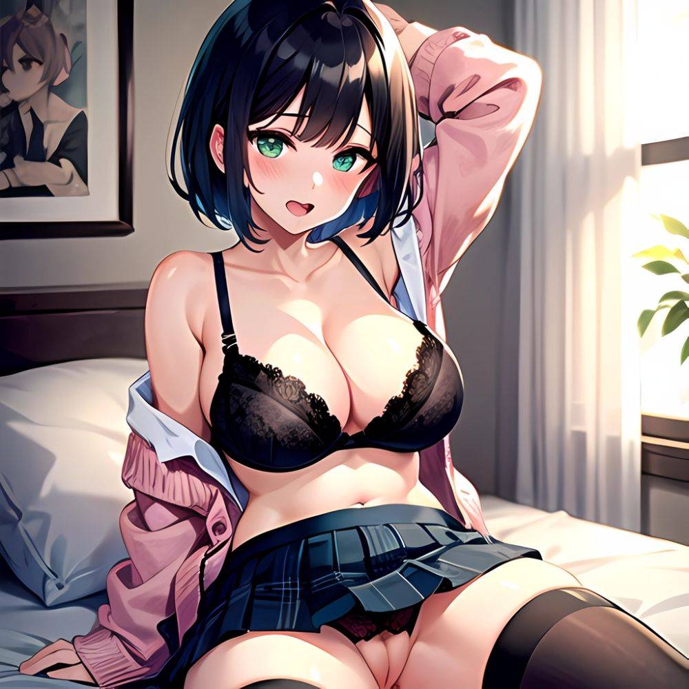 1girl Aqua Bra Armband Artificial Vagina Bed Sheet Black Hair Blue Skirt Blunt Bangs Blush Bra Breast Hold Breasts Cardigan, 2565113059 - AIHentai - #main