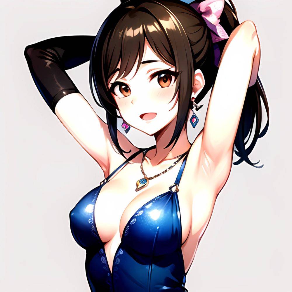 1girl Absurdres Armpits Arms Up Ayase Honoka Black Gloves Blue Bow Blue Dress Blush Bow Breasts Brown Eyes Brown Hair, 136621322 - AIHentai - #main