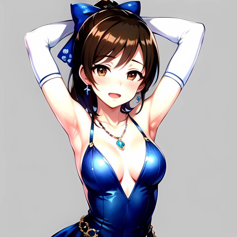 1girl Absurdres Armpits Arms Up Ayase Honoka Black Gloves Blue Bow Blue Dress Blush Bow Breasts Brown Eyes Brown Hair, 3745037185 - AIHentai - #main